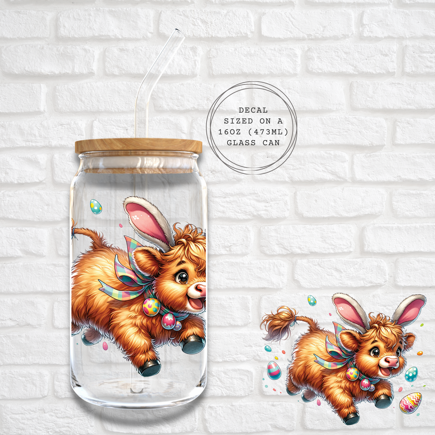 PRANCING HIGHLAND COW WITH EASTER EGGS - UV DTF DECAL