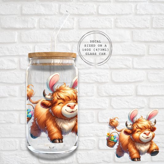 PRANCING HIGHLAND COW WITH BASKET  -  UV DTF DECAL