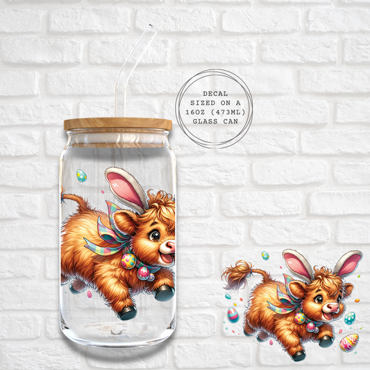PRANCING HIGHLAND COW WITH EASTER EGGS  -  UV DTF DECAL