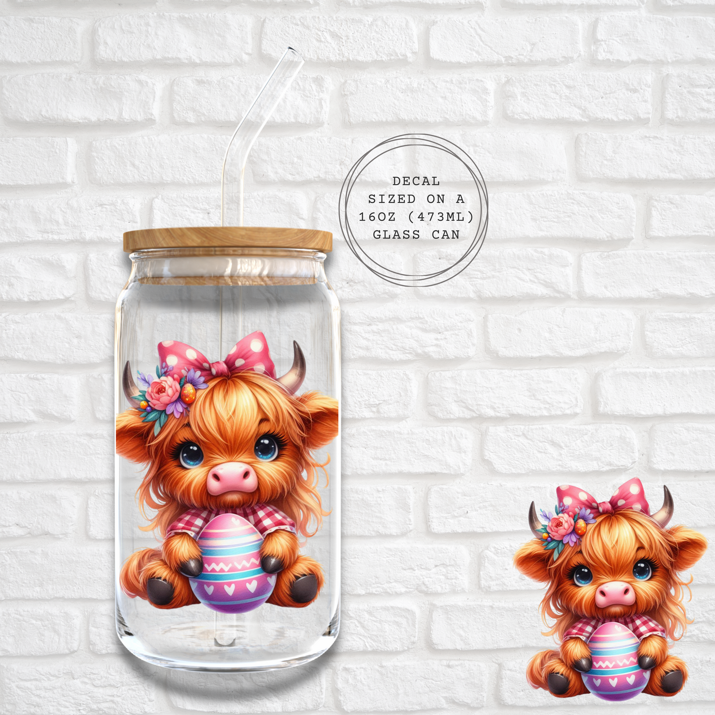 CUTE PINK BOW HIGHLAND COW  -  UV DTF DECAL