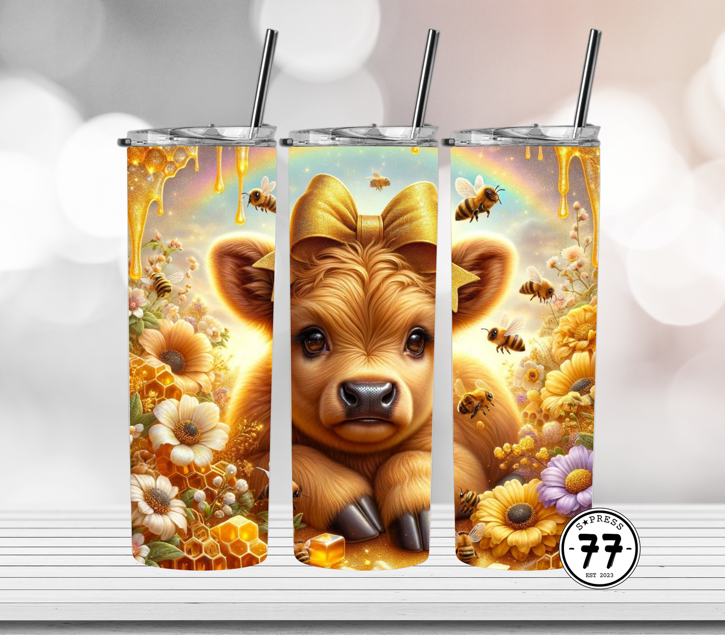 Highland Cow in a Field Of Bees - Straight 20oz Digital Download