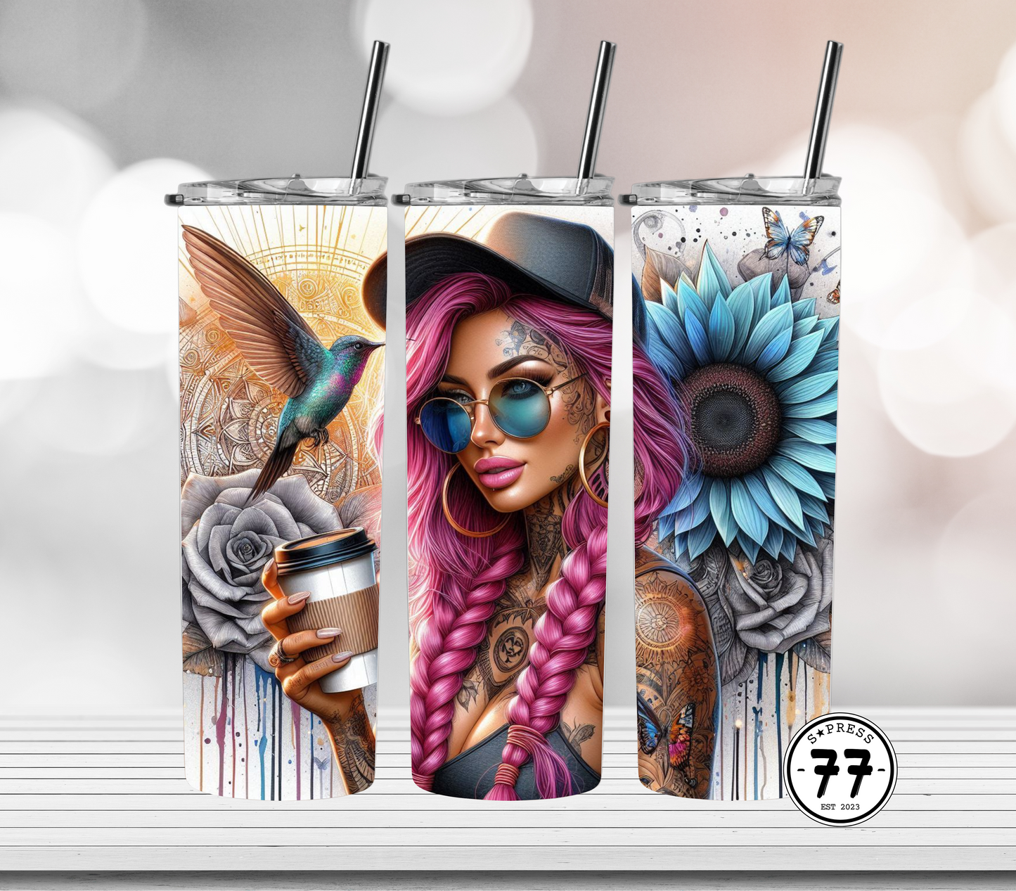 Badass Bitch with Coffee, Mandala and Sunflowers  - Straight 20oz Digital Download