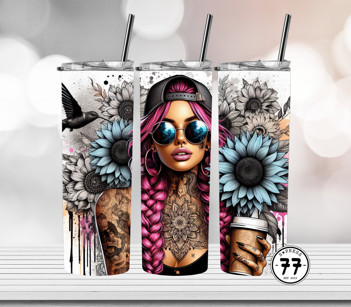 Badass Bitch with Coffee, Humming Bird and Sunflowers  - Straight 20oz Digital Download