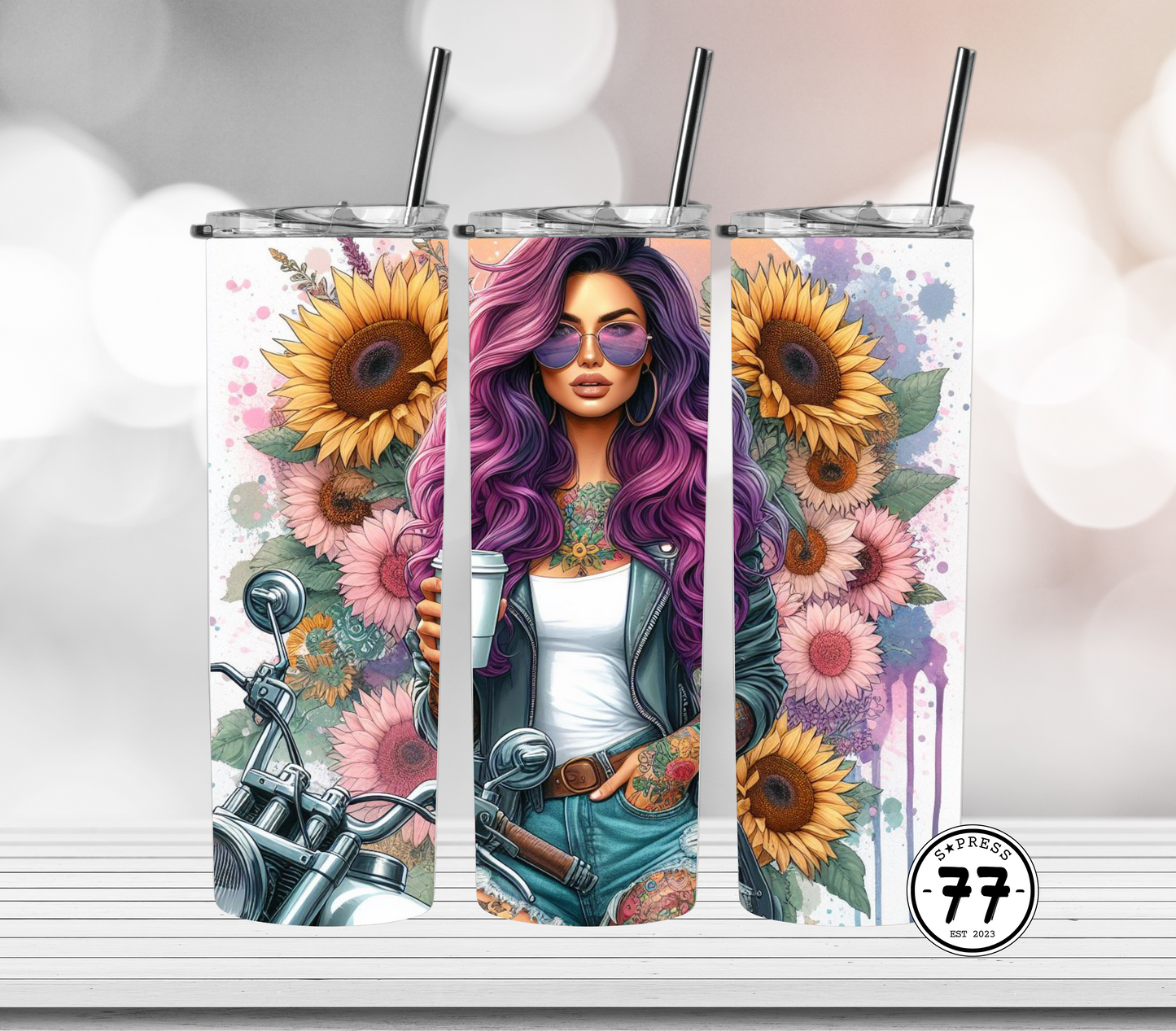 Hot Girl with Purple Hair on Motorbike with Coffee and Sunflowers  - Straight 20oz Digital Download