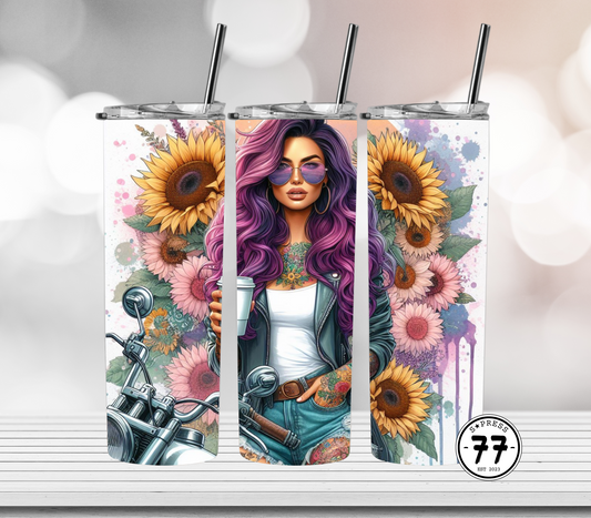 Hot Girl with Purple Hair on Motorbike with Coffee and Sunflowers  - Straight 20oz Digital Download