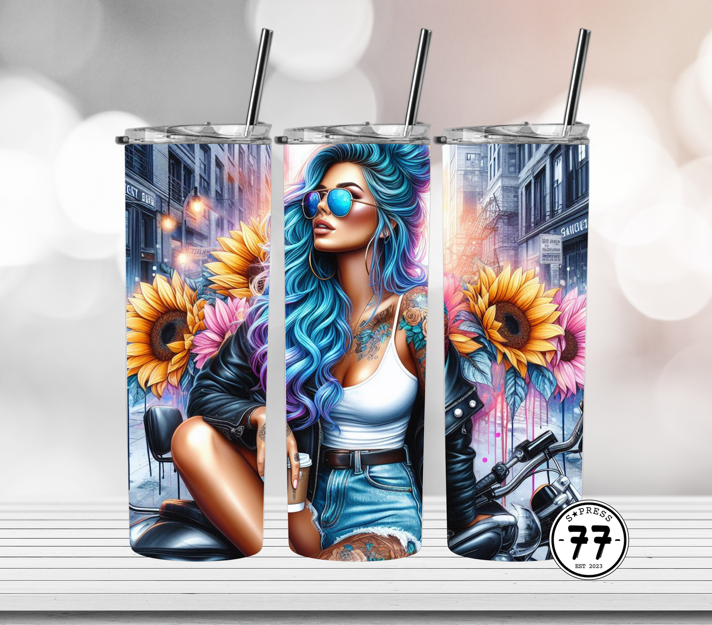 Hot Girl with Blue Hair Next to a Motorbike with Coffee and Sunflowers  - Straight 20oz Digital Download